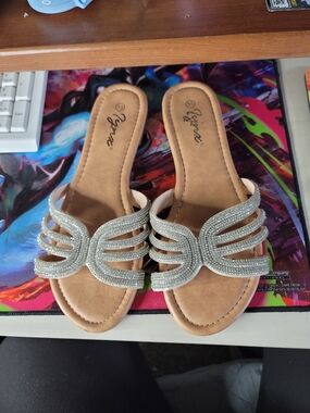 Embellished Silver Slide Sandals for Women - Sparkling Open-Toe Design